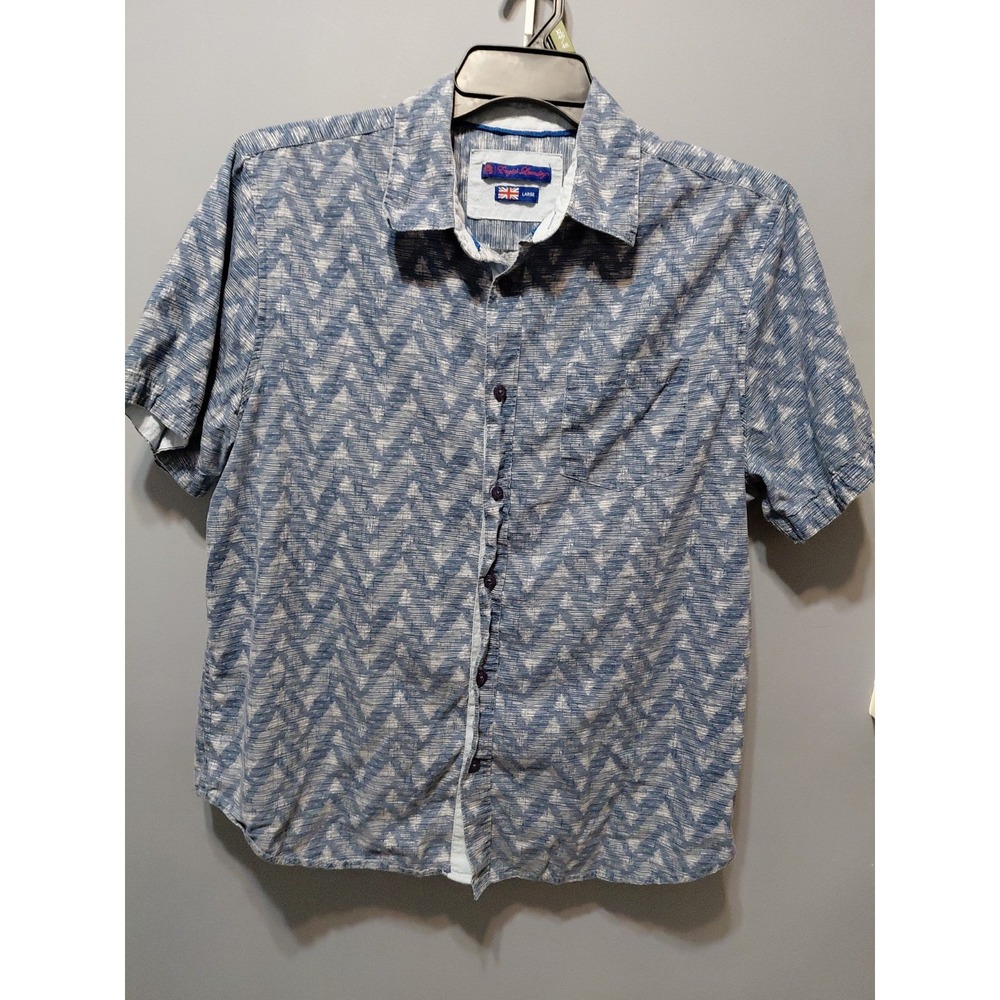 English Laundry Men's Cotton Blue Geometric Short Sleeve Button-Up Large